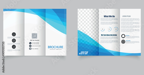 Professional trifold brochure template with blue wave design and transparent image placeholders, perfect for corporate branding, business promotion, and marketing presentations.