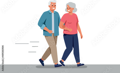 Elderly couple walking together smiling active lifestyle vector illustration 