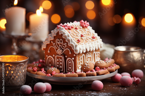 Delicious gingerbread house with candy decorations on a wooden table, soft lighting.