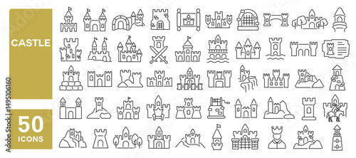Set of 50 line icons related to castle, fort, medieval, palace, tower, fortress, citadel, Editable stroke. Vector illustration