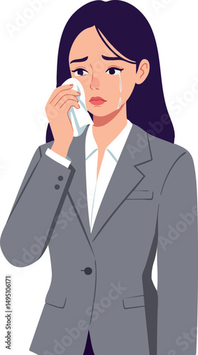 Young woman in gray suit wiping tears with tissue vector illustration 