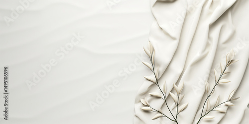 Elegant minimalist composition featuring white fabric and delicate botanical details