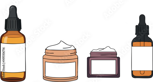 Cosmetic cream jars and amber dropper bottles skincare product vector illustration 