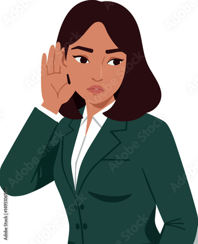 Woman in green blazer holding hand to ear gesture listening carefully vector illustration 