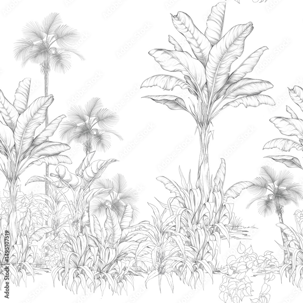 Fototapeta Seamless pattern with hand-drawn palm trees and tropical foliage in pencil sketch style. Monochrome botanical design perfect for fabric, wallpaper, and packaging. Clean and natural look with a vintage