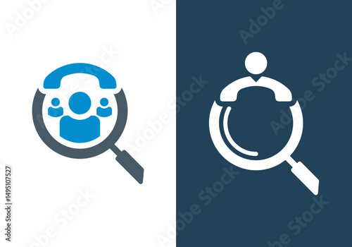 job search and job calling logo design vector, magnifying glass logo with man and phone in vector design