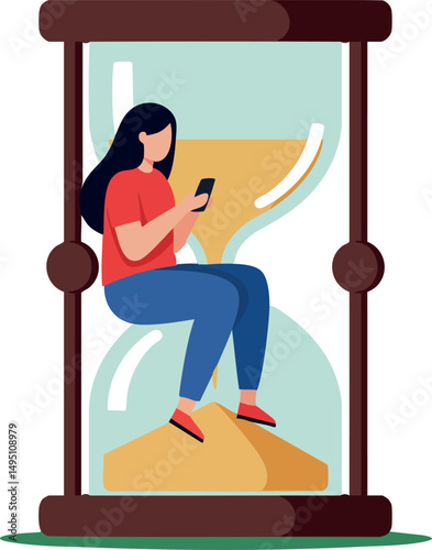 Woman sitting inside hourglass using smartphone concept of time management and digital distraction vector illustration 