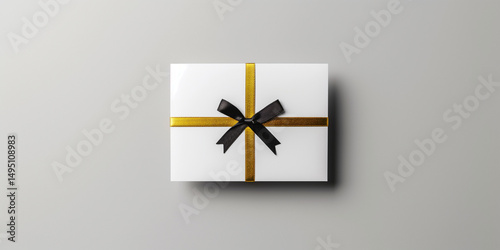 Elegant gift box with black bow and gold ribbon on a subtle gray background