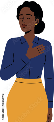 Woman with closed eyes holding hand on chest in blue shirt and yellow skirt vector illustration 