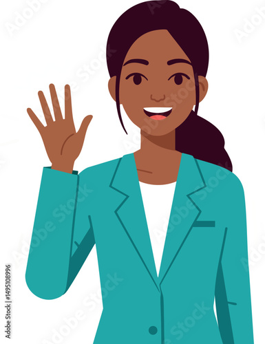 Woman waving hand greeting friendly gesture in teal blazer vector illustration 