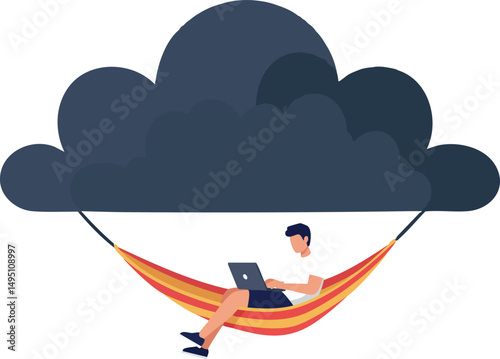 Man working on laptop in orange striped hammock under dark cloud vector illustration 