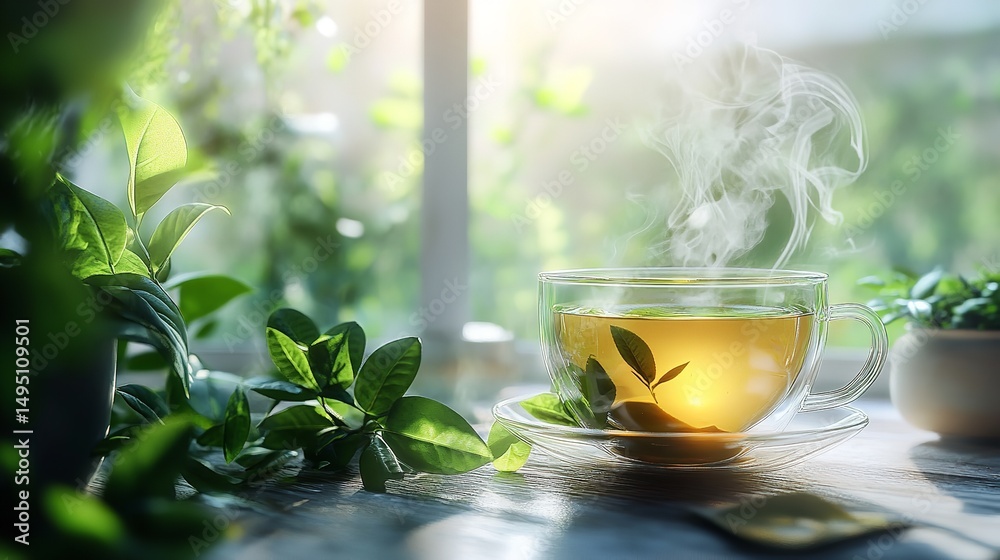 A steaming cup of green tea A steaming cup of green tea