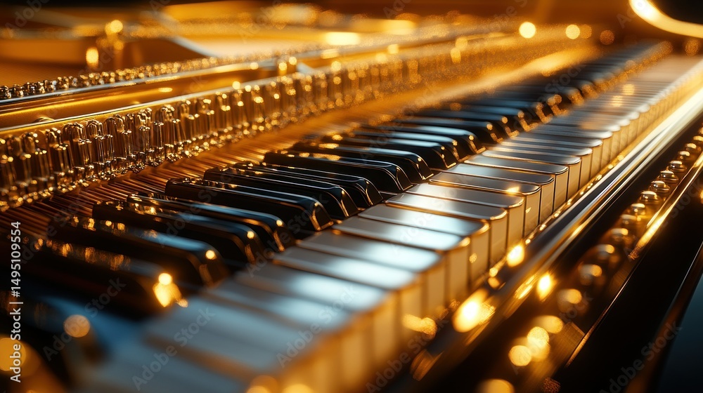 Obraz premium Close-up piano keys illuminated by warm light. Intricate mechanism visible