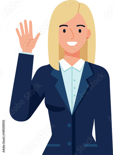 Woman in navy blue blazer waving hand smiling friendly gesture vector illustration 