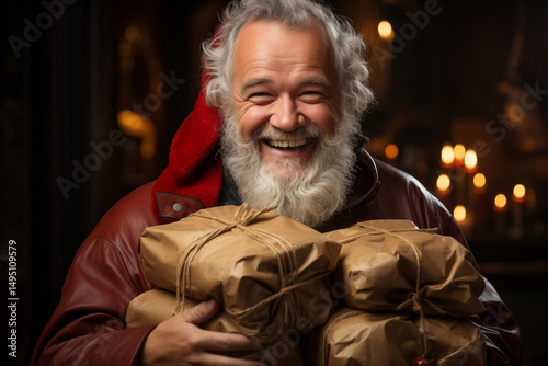olly Santa Claus laughing and holding a huge sack of gifts, studio lighting, high detail.