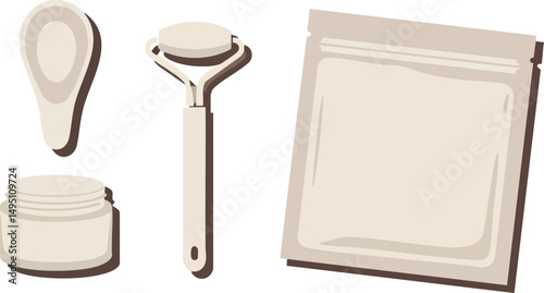 Facial skincare cream jar roller and sheet mask vector illustration in beige tones 
