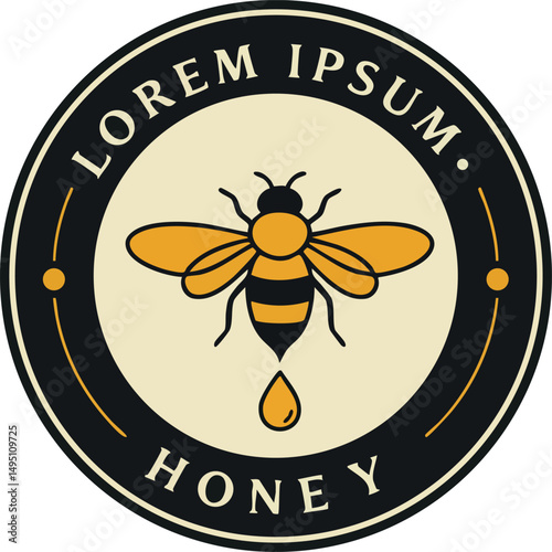 Bee emblem with honey drop and black gold color scheme vector illustration for natural product label 