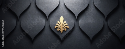 Textured dark background with elegant geometric shapes and central golden flourish motif design.