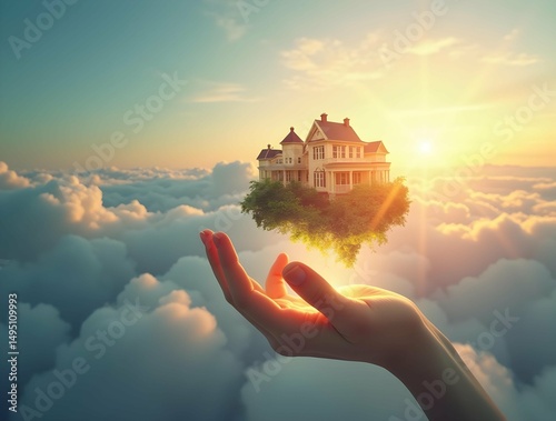 Surreal Floating Homes and Glowing Key in Dreamlike Real Estate Vision