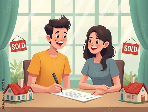 Cartoon Couple Signing Home Contract with Floating Sold Signs and Miniature Houses