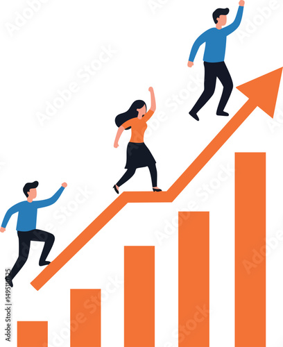 Business growth concept with people climbing orange ascending bar graph vector illustration 