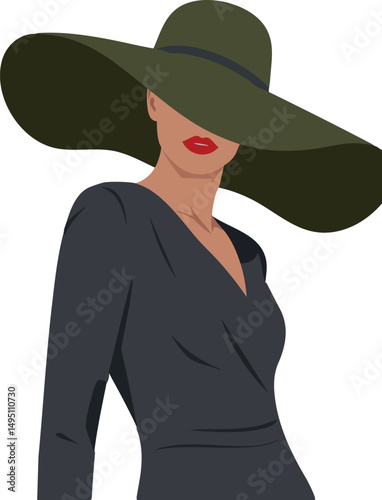 Elegant woman wearing large wide brim hat with black dress and red lips fashion vector illustration 