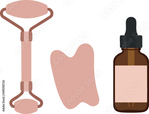 Facial Skin Care Tools Including Rose Quartz Roller Gua Sha and Serum Bottle Vector Illustration 
