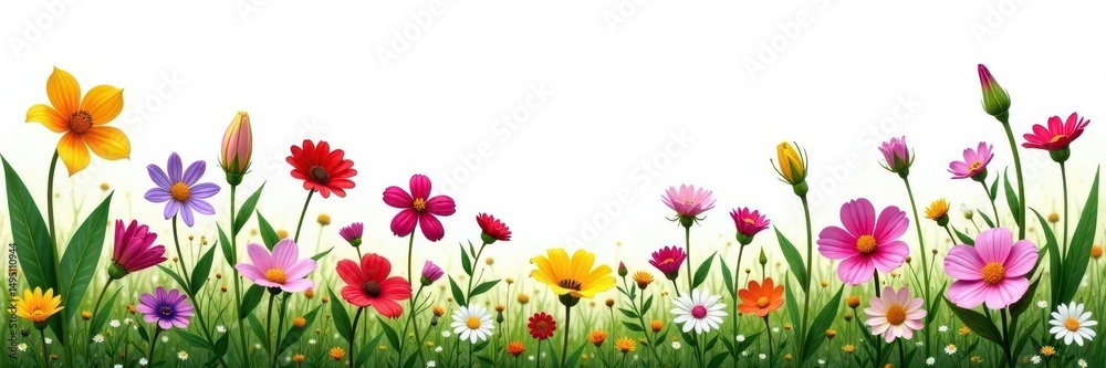 Fototapeta premium Cluster of wildflowers, various species, crisp white backdrop , composition, bloom, ecology