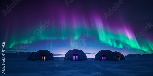 Stunning aurora borealis displaying above igloos during a cold winter night