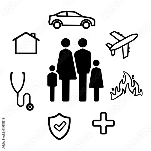 Family insurance concept connecting health, house, car, travel, life and fire protection icon symbol