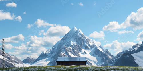 Scenic mountain landscape with snowy peaks and small wooden cabin on a sunny day