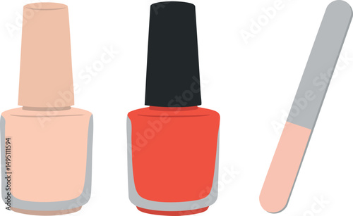 Nail polish bottles with orange and black caps and nail file vector illustration 