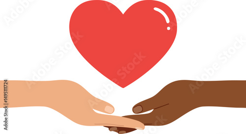Heart symbol held by diverse hands representing love and unity vector illustration 