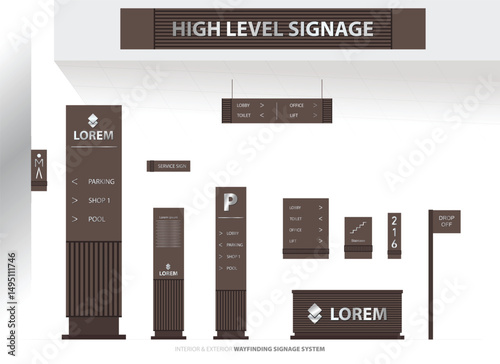 Wayfinding system signage mockup set Direction signs Exterior and interior way finding design.