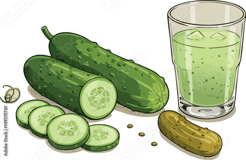Fresh cucumber and sliced cucumber with glass of cucumber juice illustration vector 