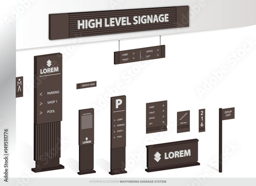 Wayfinding system 3D signage mockup set Direction signs Exterior and interior way finding design.