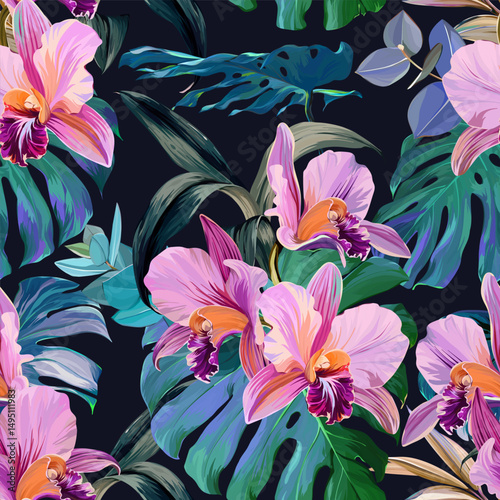 Seamless vector pattern. Tropical pattern. Flowers tropics orchid, plumeria, monstera, palm leaf. Exotic pattern, Hawaiian pattern