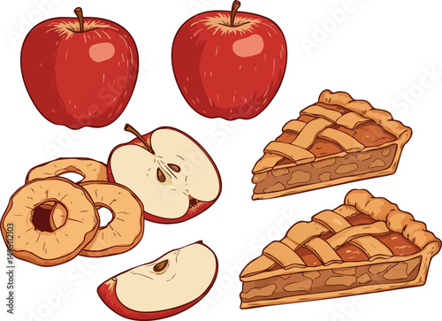 Red apples and apple pie slices with dried apple rings vector illustration natural food dessert 