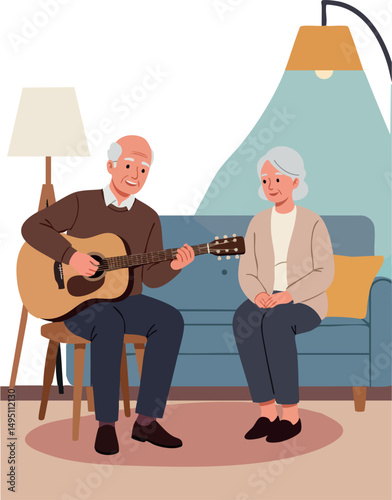Elderly man playing guitar for senior woman sitting on couch in cozy living room interior 