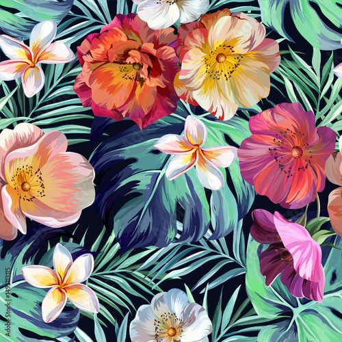 Seamless vector pattern. Tropical pattern. Flowers tropics orchid, plumeria, monstera, palm leaf. Exotic pattern, Hawaiian pattern