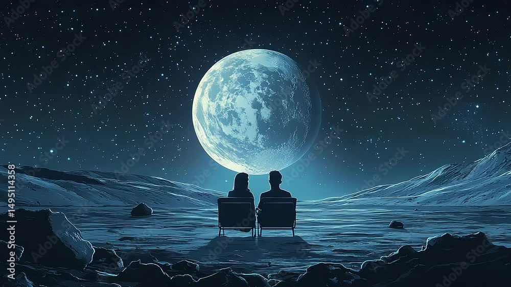 A couple sits on a lunar surface, gazing at a large, luminous moon in a starry sky