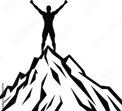 Silhouette of a person standing on mountain peak with arms wide open . vector art