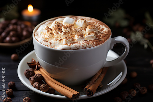 Steaming cup of hot chocolate with marshmallows and cinnamon sticks, top-down view.