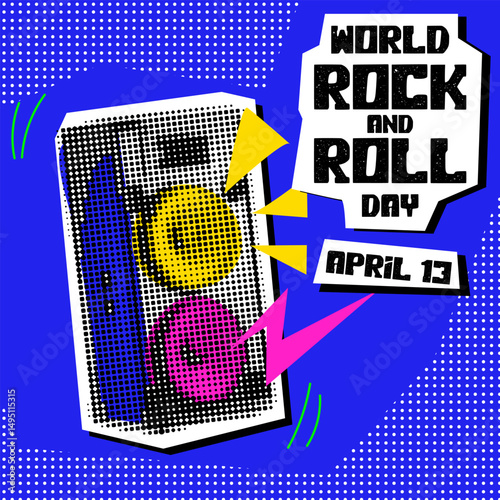 World Rock and Roll Day. Rocker collage grunge style. The holiday is on April 13th. A large music column with doodle illustrations in the style of pop art to the point. halftone for the holiday on