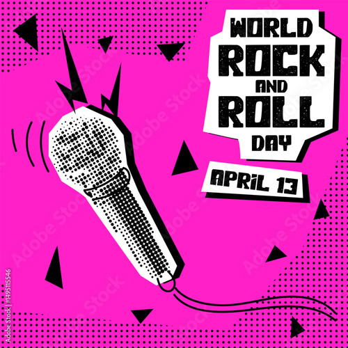 World Rock and Roll Day. Rocker collage grunge halftone style. Holiday is on April 13th. Microphone with a wire with doodle illustrations in the style of pop art to the point. Banner holiday on pink