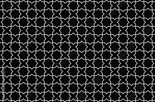 Monochrome geometric vector pattern of interlocking star-like shapes in thin white lines on black. Symmetrical, minimalist design exudes elegance, sophistication, and serene order—ideal for decorative