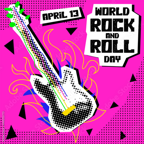 World Rock and Roll Day. Rocker collage grunge halftone style. holiday is on April 13th. Electric guitar with doodle illustrations in the style of pop art to the point. Banner holiday on pink