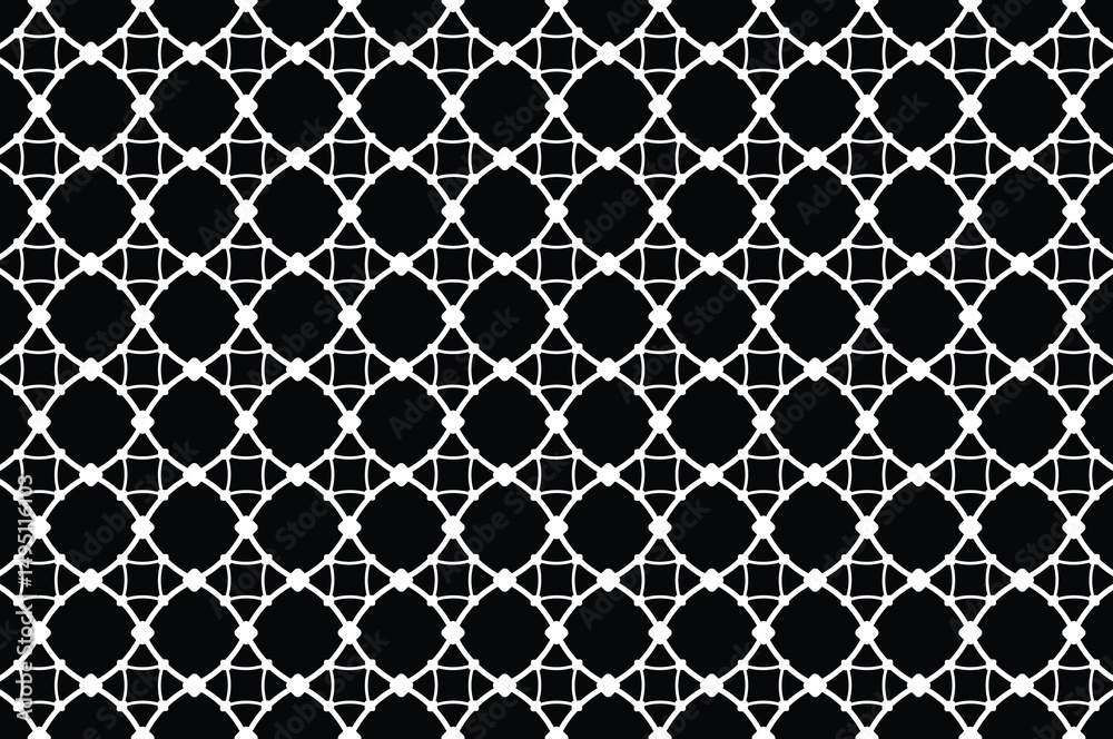 Naklejka premium Monochrome repeating geometric pattern with white curved lines, circles forming interconnected lattice on black. Minimalist design conveys elegance and intricate complexity.