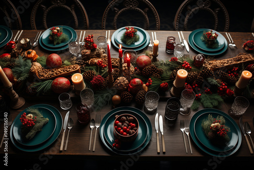 Traditional red and green Christmas table setting with festive dishes, candles, and pine cones, overhead shot. 