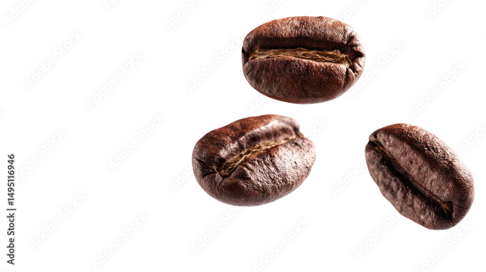 Obraz premium Roasted Coffee Beans: Three perfectly roasted coffee beans, with rich, dark brown hues, are artfully arranged in mid-air, signifying the rich aroma and invigorating qualities of coffee.